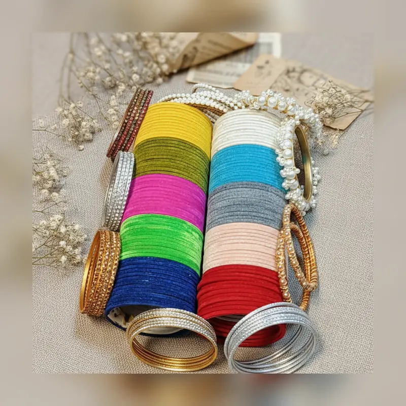 Deal box Allsize Multicolor Velvet Glass Bangles Set with Fancy Kara Accents - Set 1