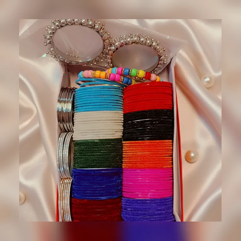 Deal box Allsize Multicolor Velvet Glass Bangles Set with Fancy Kara Accents - Set 4