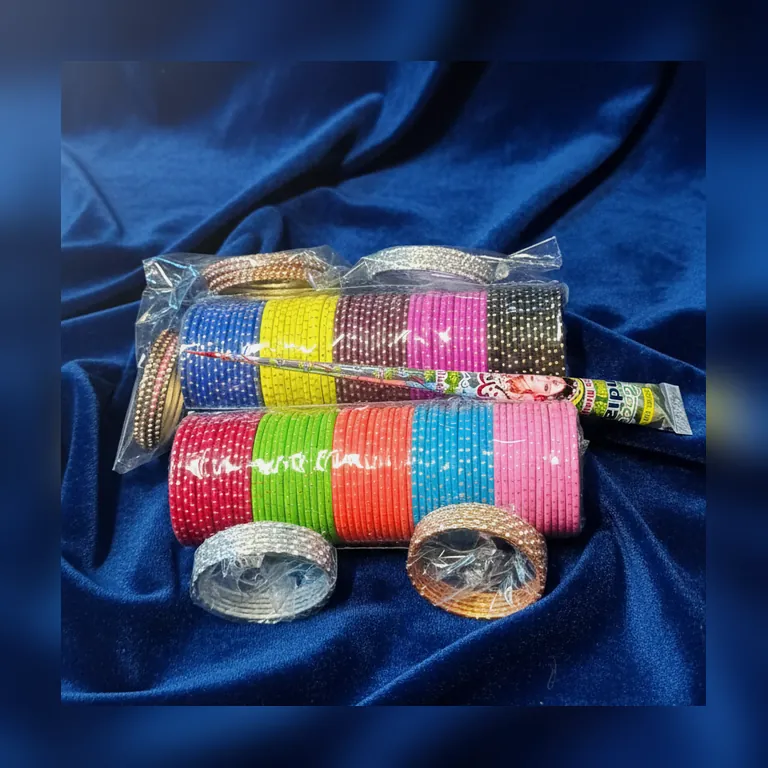 Deal box Allsize Multicolor Velvet Glass Bangles Set with Fancy Kara Accents - Set 7