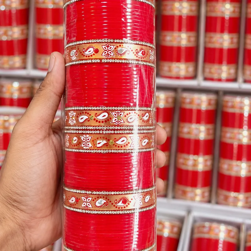 Traditional Bridal Red Chura Set with Designer Gold Kadas - Size 2.8 - Set 1