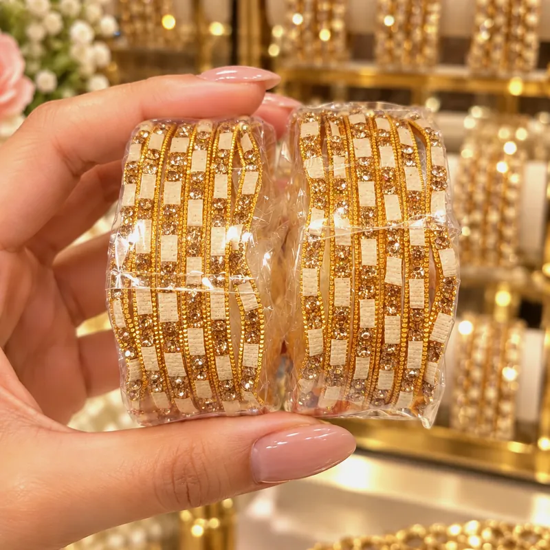 Kids Golden Stone Studded Metal Bangles - Size 12 Partywear Set - Set 5