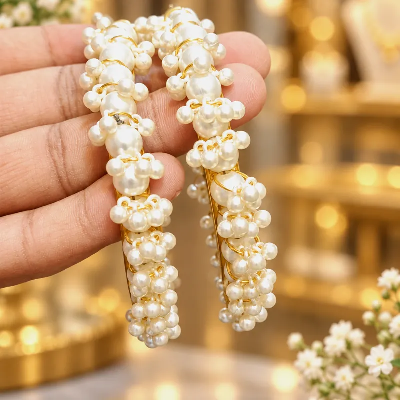 Pearl Pair Metal Bangles - Elegant Pearl Cluster Kara Set - Set 1